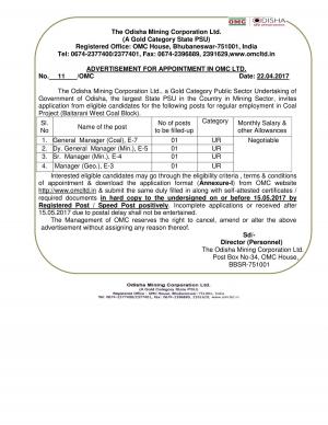 Odisha Mining Corporation Ltd.  Recruitment 2017 for 04 Managerial Posts