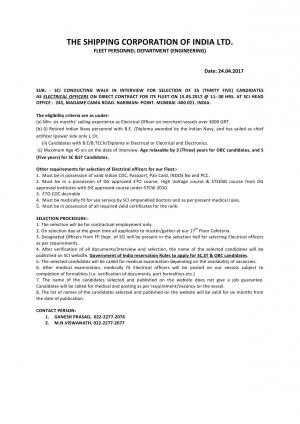 Shipping Corporation of India Limited Recruitment 2017 for 35 Electrical Officer Posts