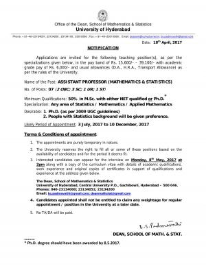 University of Hyderabad Faculty Recruitment 2017, Apply for 7 Assistant Professor Posts 