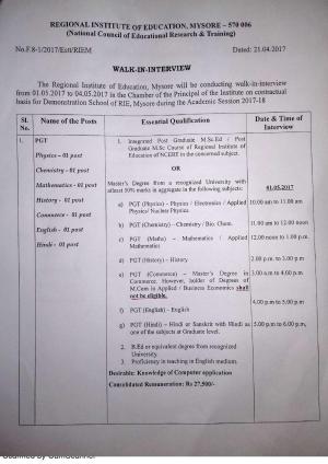 Regional Institute of Education, Mysore Recruitment 2017, Apply for 7 PGT Posts 