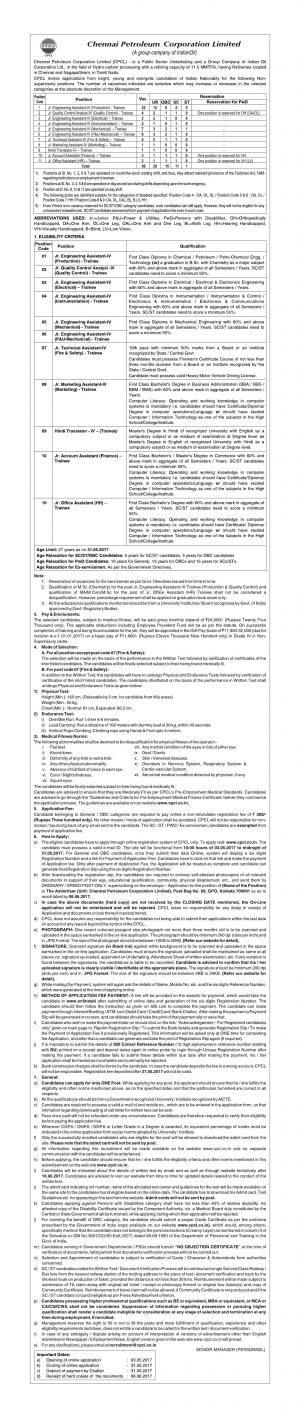 CPCL Recruitment 2017 for 56 Engineering Assistant and Other Posts