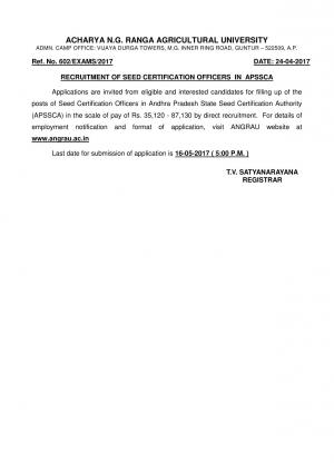 Acharya N.G. Ranga Agriculture University Recruitment 2017 for 36 Posts of Seed Certification Officers  