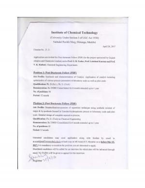Institute of Chemical Technology Recruitment 2017 for 02 Posts of Post Doctorate Fellows