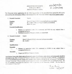 Jadavpur University Recruitment 2017 for 04 Research Associate & Other Posts