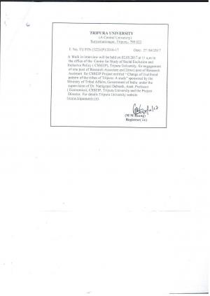 Tripura University Recruitment 2017 for 03 Posts of Research Associates & Others