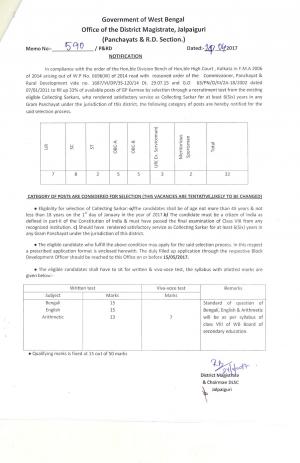 District Magistrate, Jalpaiguri Recruitment 2017 for 32 Collecting Sarkar Posts