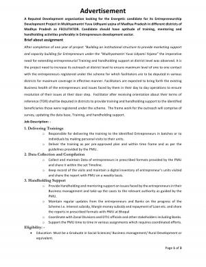 Government of Madhya Pradesh Recruitment 2017 for 10 District Facilitators Posts