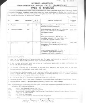 Defence Laboratory, Jodhpur Recruitment 2017 for 04 Junior Research Fellow (JRF) Posts