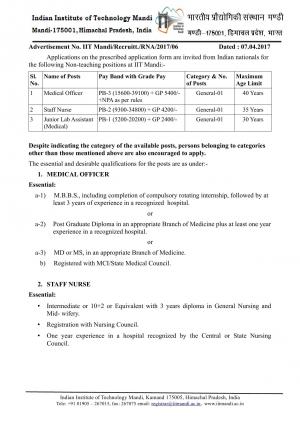 IIT, Mandi Recruitment 2017 for 03 Medical Officer & Other Posts