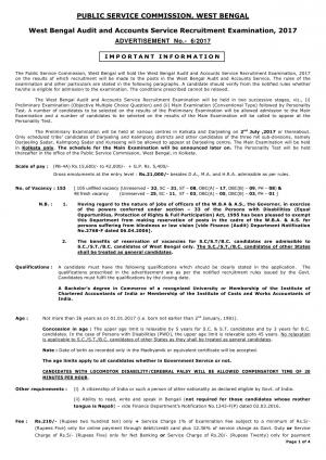 WBPSC Audit and Accounts Service Recruitment Examination 2017