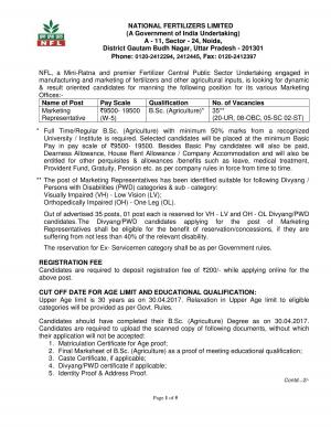 National Fertilizers Limited Recruitment 2017, Apply for 35 Marketing Representative Post 