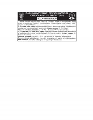 ICAR IVRI Recruitment 2017, 4 Vacancies for SRF and Research Associate Posts