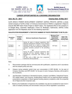 SJVN Recruitment 2017, 2 Vacancies for Company Secretary and Jr Company Secretary Posts 