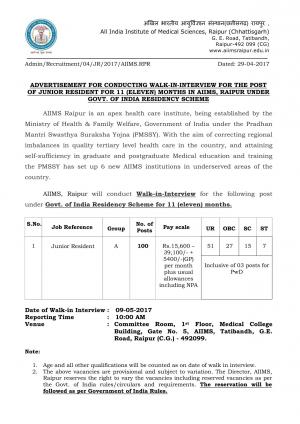 AIIMS, Raipur Recruitment 2017 for 100 Posts of Junior Residents (JR's)