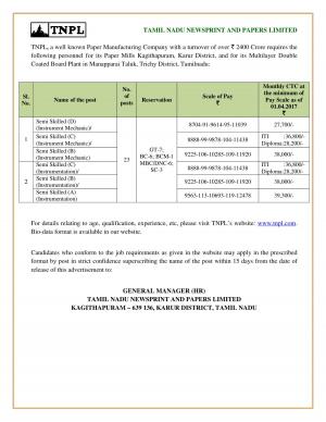 TNPL Recruitment 2017 for 23 Semi Skilled (A, B, C, D) Posts