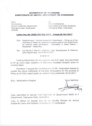 Dir. Animal Husbandry, Hyderabad Recruitment 2017 for 101 Veterinary Assistant Surgeon Posts
