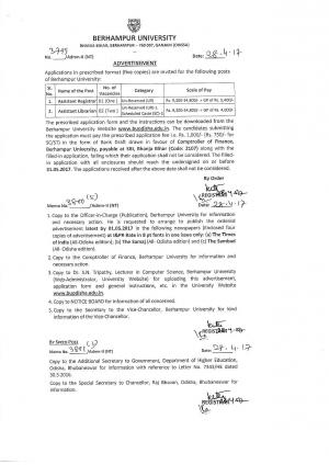 Berhampur University, Odisha Recruitment 2017 for 03 Posts of Assistant Registrar & Others