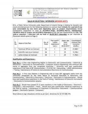 ECIL Recruitment 2017 for 10 posts of Technical Officers, Junior Artisan & Others