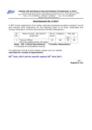 Centre For Materials For Electronics Technology Recruitment 2017 for 03 Finance Officer Posts 