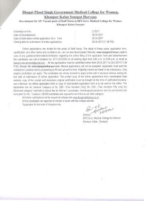 BPSGMC Recruitment 2017 for 107 Staff Nurse Posts