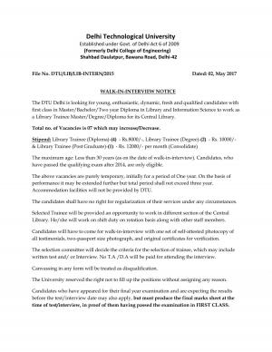 DTU recruitment 2017 for 07 Library Trainee posts