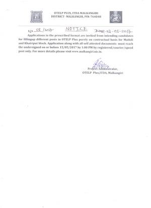 OTELP Plus, Malkangiri Recruitment 2017 for 08 posts of Experts in Social & Land Conservation Fields
