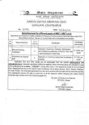 SSA, Ganjam Recruitment 2017, 8 Vacancies for Accountant cum Support Staff and Other Posts