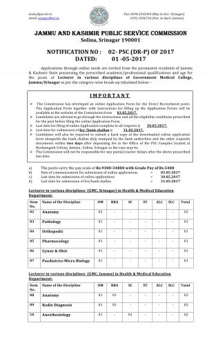 JKPSC Recruitment 2017 for 27 Lecturer Posts