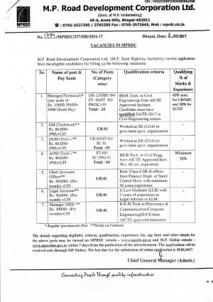 MPRDC Recruitment 2017, Apply 37 Manager (Tech) and Other Posts