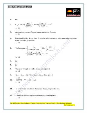 BITSAT Chemistry Solved Sample Solution Paper Set-01