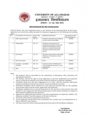 Allahabad University Recruitment 2017 for 13 Posts of Office Assistants, Accountant & Others