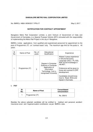 BMRC Recruitment 2017 for 02 Programmer (IT) Posts