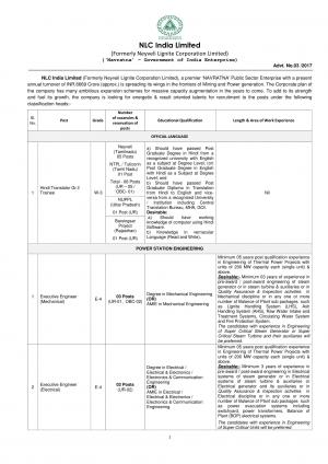 NLC India Ltd Recruitment 2017, Apply for 129 Exe Engineer and other Posts 