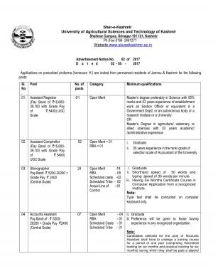 SKUAST, Kashmir Recruitment 2017 for 50 Posts of Stenographers, Drivers & Others