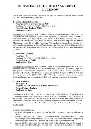 IIM, Lucknow Recruitment 2017, Apply for 4 Senior Administrative Officer and Other Posts