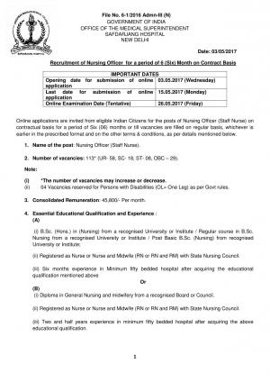VMMC, Safdarjung Recruitment 2017, Apply for 113 Nursing Officer Posts