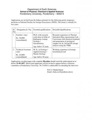 Pondicherry University Recruitment 2017 for 02 Posts of Scientist & Technical Assistant
