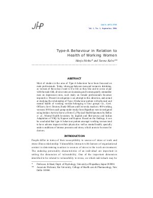 Type-A Behaviour in Relation to Health of Working Women by Manju Mehta and Seema Kalra