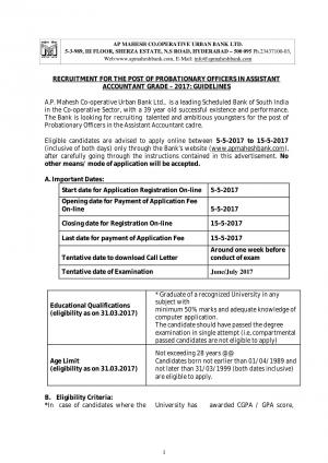 Mahesh Bank Recruitment 2017 for Probationary Officers in Assistant Accountant Grade