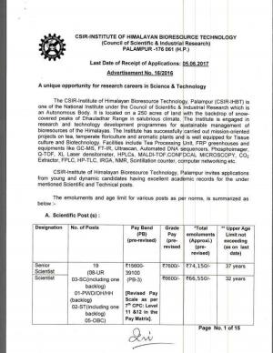 CSIR IHBT Recruitment 2017, 23 Vacancies for Scientific and Technical Posts