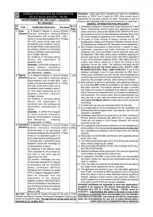 Indian Statistical Institute Recruitment 2017, Apply for 3 Chief Librarian and other Posts