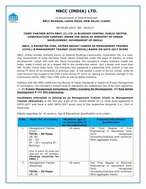 NBCC Recruitment 2017 for 12 Management Trainee Posts