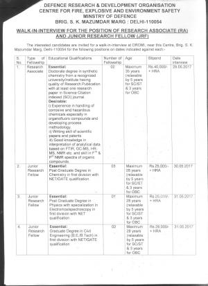Centre for Fire, Explosive and Environment Safety (CFEES), Recruitment 2017 for 8 RA and JRF Posts