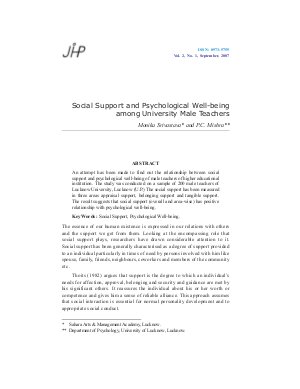 Social Support and Psychological Well-being among University Male Teachers by Monika Srivastava and P.C. Mishra