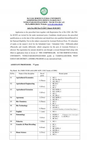 Dr. YSRHU Recruitment 2017 for 77 Assistant Professors Posts