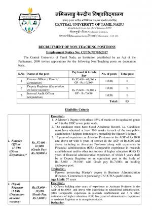Central University, Tamil Nadu Recruitment 2017, Apply for 3 Vacancies of Finance Officer and Other 