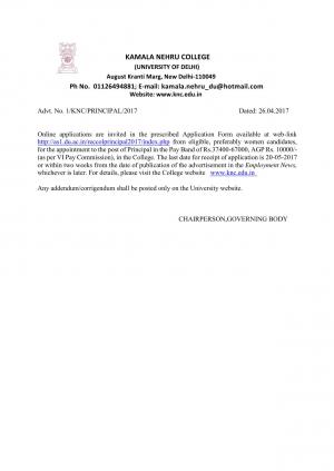 Kamala Nehru College, Delhi University Recruitment 2017 for 01 post of Principal