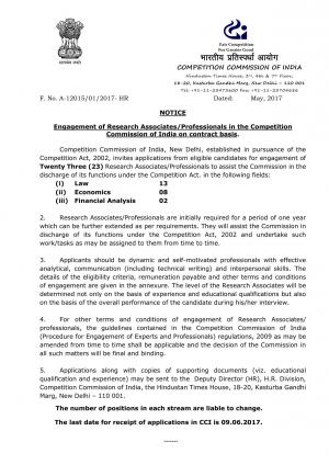 CCI Recruitment 2017 for 23 Posts of Research Associates in Law, Economics & Other Streams