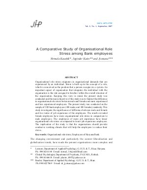 A Comparative Study of Organisational Role Stress among Bank employees by Nirmala Kaushik, Joginder Kairo and Jyotsana