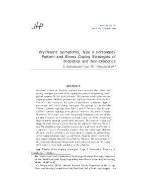 Psychiatric Symptoms, Type a Personality Pattern and Stress Coping Strategies of Diabetics and Non-Diabetics by S. Subramanian and D.V. Nithyanandan